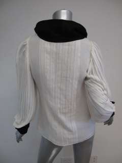   Rodriguez White Black Trim/Button Detail Pleated Long Sleeve Blouse 2