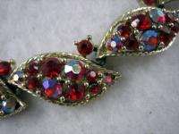 Vintage LISNER Red & Aurora Borealis Rhinestone Cast Leaf Necklace 