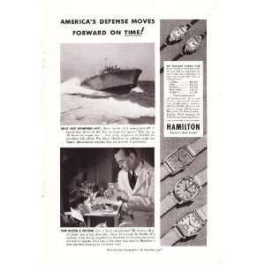 1942 WWII Ad Hamilton Watch Americas Defense Moves Forward on Time 