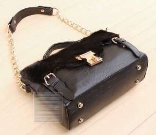 New Vintage Croco Fx Fur Flap Chain Briefcase Tote Shoulder Handbags 