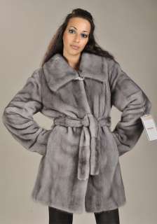 Brand New Blue Iris mink fur jacket coat with turtleneck collar & belt 