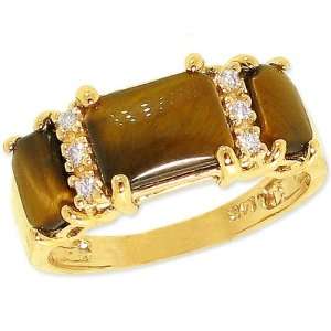 14K Yellow Gold Octagon Three Stone Ring with Diamonds Tigers Eye 