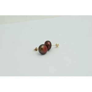 Genuine Button Fresh Water Cultured Pearl Earrings   Chocolate Colored 