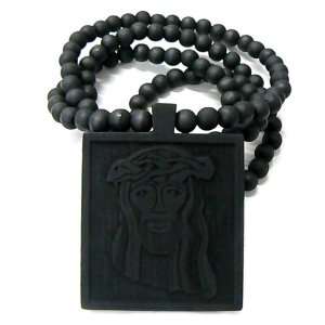  Black Wooden Jesus On Square Pendant with a 36 Inch Beaded 