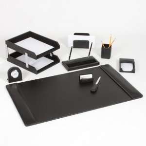   Black Leather 11 Piece Desk Set with Silver Accents