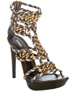Fendi brown leather braid and chain link sandals   