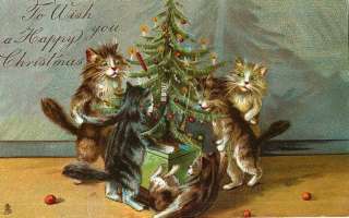Vintage Christmas Fabric Block Kittens Playing at Tree  