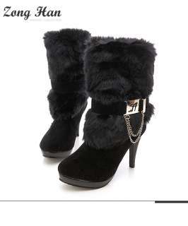   Elegant Comfy Fur w/ Adjustable Shaft and Strap High Heels Boots