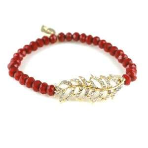  Gold Feather & Faceted Red Bead Stretch Bracelet Arm Candy Jewelry