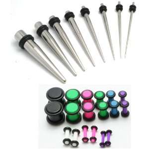 Ear Stretching Kit Steel Tapers and Neon Plugs 0g 2g 4g 6g 8g 10g 12g 