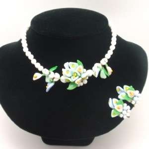Vintage Glass Beads Set   Necklace & Earrings Flowers  