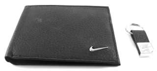 Nike Mens Black Leather Passcase Billfold Wallet and Keychain Gift 