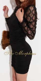 Black Lace Round Neck Long Sleeve clubwear Mini Dress  
