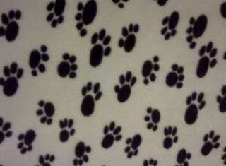 Cute puppy fleece fabric white with black paw print  