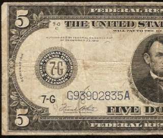 LARGE 1914 $5 DOLLAR BILL FEDERAL RESERVE BLUE SEAL NOTE CHICAGO OLD 