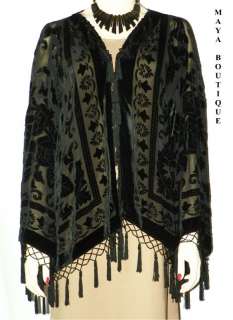 BLACK Beaded Kimono Fringe Jacket SILK Burnout Velvet Short MAYA Plus 