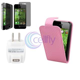 Pink Leather Case+Privacy Film Pro+AC Charger For iPhone 4 4th Gen 16G 