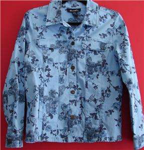 Denim & Company Blue Floral Cotton Shirt Top Blazer Womens S  