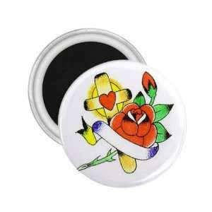 Tattoo Cross Flower Art Fridge Souvenir Magnet 2.25 