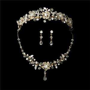 Gold Swarovski Crystal Bridal Necklace Earring & Tiara Set New  