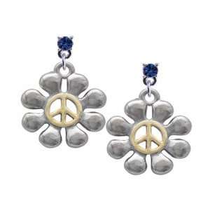 Large Silver Daisy with Gold Peace Sign   Sapphire Swarovski Post 
