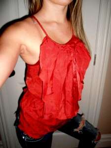 BEBE Baked Apple Red Halter Ruffled Attached Belt Tie Tank Top euc XS 