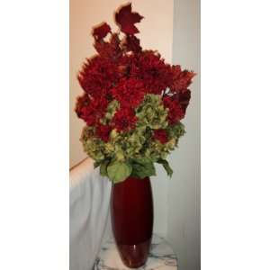  Red Mum & Hydrangea Bush Silk Floral Arrangement