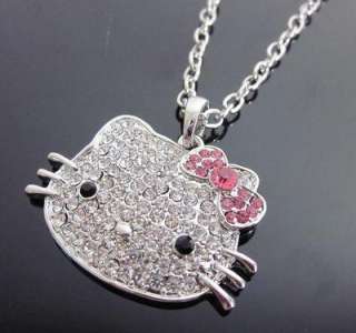 cute Hello Kitty pink red black bow crystal pendant chain necklace 