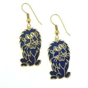  Gold Plated Lion Cloisonne Earrings   29mm Height   Blue 
