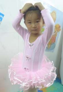 Pink Girl Party Long Sleeve Leotard Ballet Tutu Costume Dance Skirt 