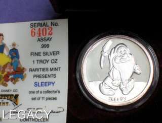 DISNEY SLEEPY 1 OZ .999 SILVER 50TH ANNIV.COA (YG  