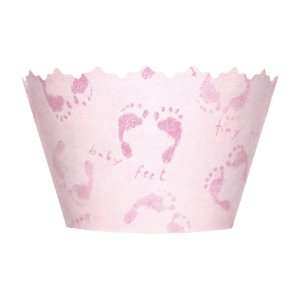 Tiny Toes, Baby Girl Feet Babies Pink Footprint Cupcake Wrapper   Set 