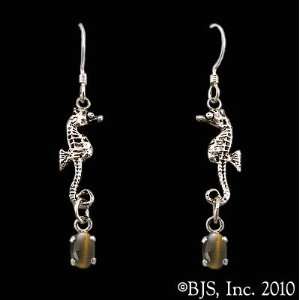 Seahorse Earrings with Gem, 14k White Gold, Tigers Eye set gemstone 