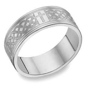  14K White Gold Engraved Celtic Cross Wedding Band Jewelry