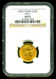 1882 V SERBIA GOLD COIN 20 DINARA * NGC CERTIFIED & GRADED SCARCE 
