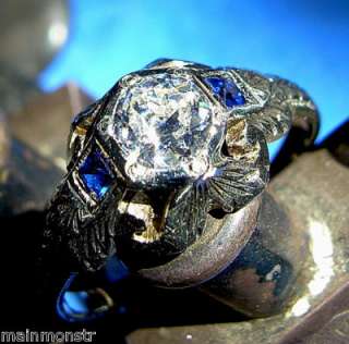   Antique Diamond Sapphire Engagement Ring Antique Deco Solitaire  
