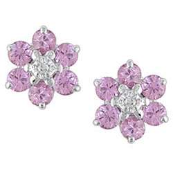 10k Gold Pink Sapphire and Diamond Flower Earrings  
