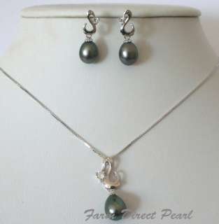   Pendant Necklace Earrings SET Black Pearl Cultured Freshwater Swan