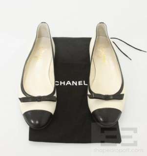 Chanel Off White And Black Cap Toe Bow Ballet Flats Size 40  