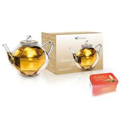   Teapot with Diamond Optic Design with White Abloom Tea Tin Gift Set