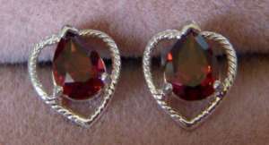 Garnet Earrings in Sterling Silver Heart Setting  