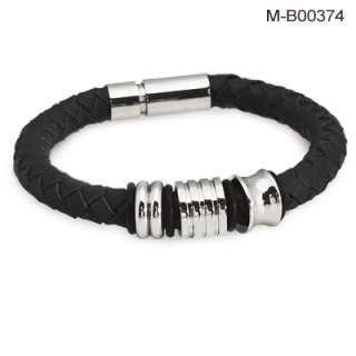  Brown Braided Leather Bracelet w/ Stainless Steel Rings & Clasp  