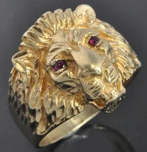   Vintage 14K Yellow Gold Natural Ruby Lion Head Animal Ring 10.25