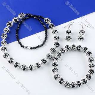 Black Crystal Round Flower Bead Necklace Bracelet Earring Jewelry 