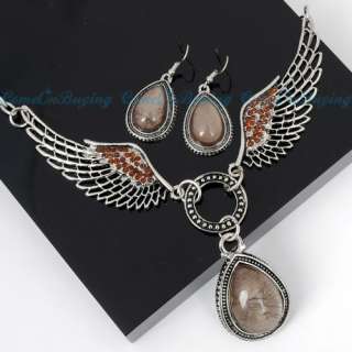  CRYSTAL ANGEL WING EARRINGS NECKLACE PENDANT JEWELRY SETS  