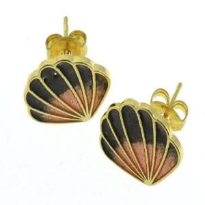  Gold Plated Sea Shell Cloisonne Earrings   12x13mm, Brown 