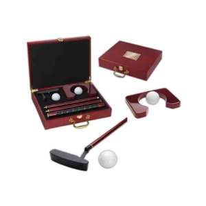   case with 2 balls, practice cup and 4 piece putter.