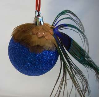Blue Handmade Christmas Ball Ornament Decorated With Feathers  