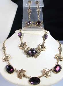   Deco Nouveau Amethyst Glass Necklace Bracelet Earrings Demi Set  