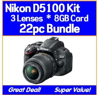 Nikon D5100 3 Lens Package w/18 55VR & 22pc Bundle  